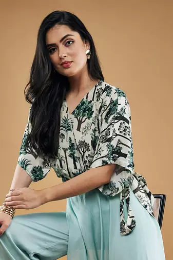 Multicolor palm bay printed top with drape pants