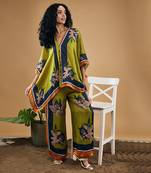 Green orchid bloom printed kimono shirt with pants