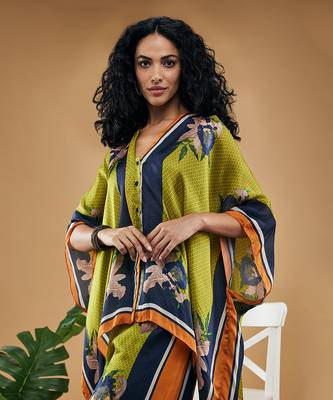 Green orchid bloom printed kimono shirt with pants 5