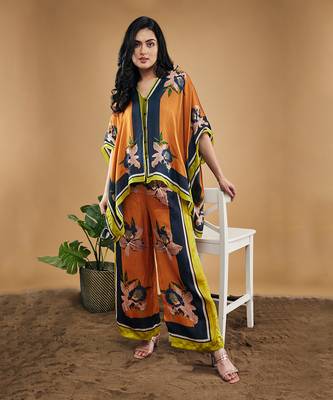 Orange orchid bloom printed kimono shirt with pants 1