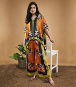 Orange orchid bloom printed kimono shirt with pants