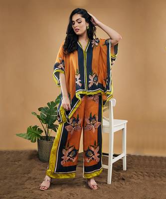 Orange orchid bloom printed kimono shirt with pants 2
