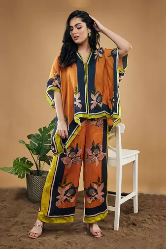 Orange orchid bloom printed kimono shirt with pants