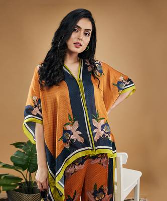 Orange orchid bloom printed kimono shirt with pants 3
