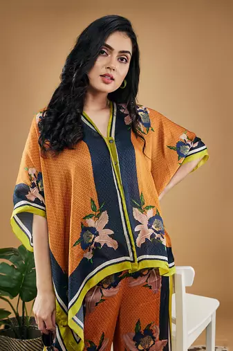 Orange orchid bloom printed kimono shirt with pants