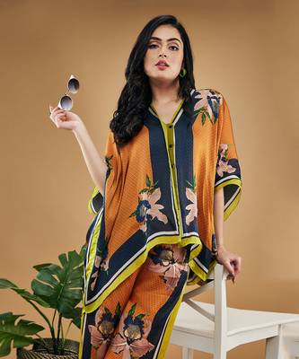 Orange orchid bloom printed kimono shirt with pants 4