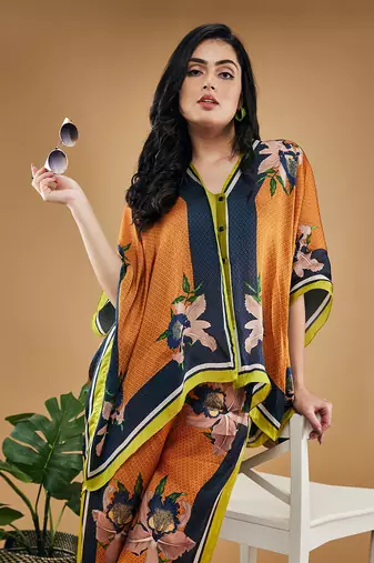 Orange orchid bloom printed kimono shirt with pants