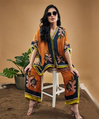 Orange orchid bloom printed kimono shirt with pants 5