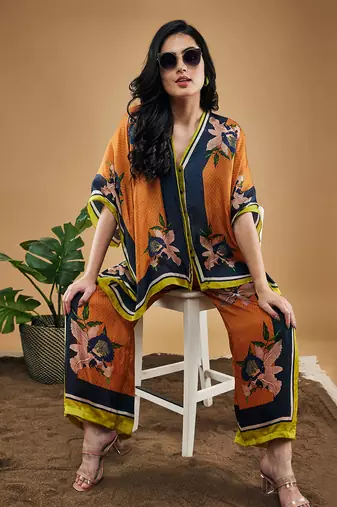 Orange orchid bloom printed kimono shirt with pants