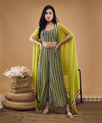 Green orchid bloom printed co ord set with cape 1