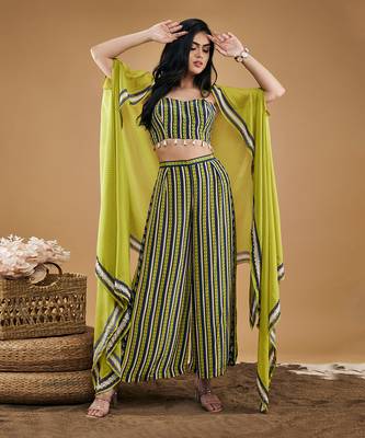 Green orchid bloom printed co ord set with cape 2