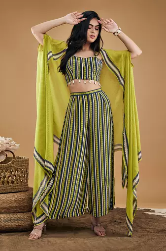 Green orchid bloom printed co ord set with cape