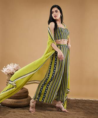 Green orchid bloom printed co ord set with cape 3
