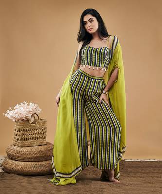Green orchid bloom printed co ord set with cape 4