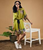 Green orchid bloom printed kimono dress with belt