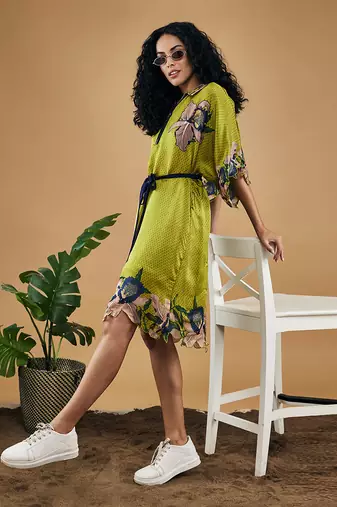 Green orchid bloom printed kimono dress with belt