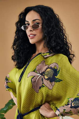 Green orchid bloom printed kimono dress with belt