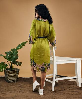 Green orchid bloom printed kimono dress with belt 5