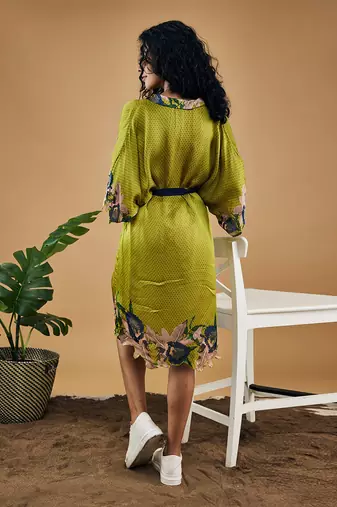 Green orchid bloom printed kimono dress with belt