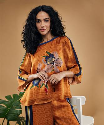 Orange orchid bloom printed co ord set 3