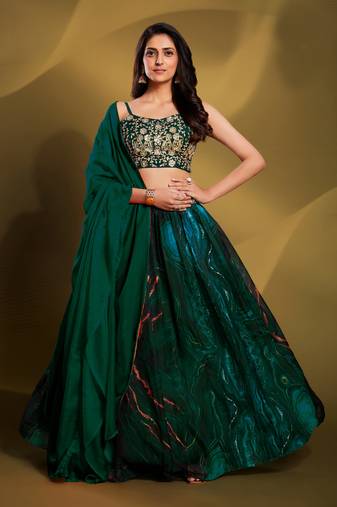 Teal Designer Lehenga With Embroidered Choli & Dupatta