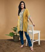 Yellow & blue bird and tile printed kaftan top with pants