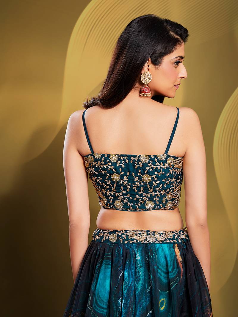 Teal Velvet Lehenga Choli With Thread, Zari, Dori and Sequins Embroidery Work main image 0