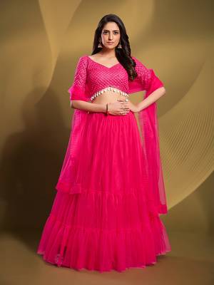 Pink Sequins Thread Embroidered Soft Net Semi Stitched Lehenga 1