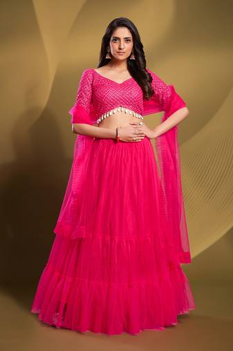 Pink Sequins Thread Embroidered Soft Net Semi Stitched Lehenga