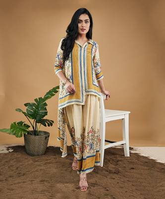 Yellow bird and tile printed high low shirt with pant 1