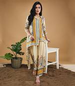 Yellow bird and tile printed high low shirt with pant