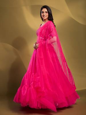 Pink Sequins Thread Embroidered Soft Net Semi Stitched Lehenga 4