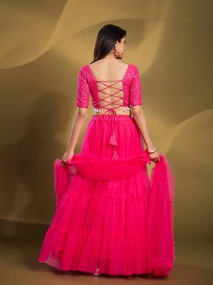 Pink Sequins Thread Embroidered Soft Net Semi Stitched Lehenga 5