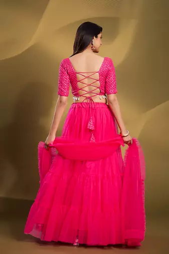 Pink Sequins Thread Embroidered Soft Net Semi Stitched Lehenga