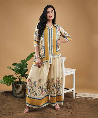 Yellow bird and tile printed high low shirt with pant 2