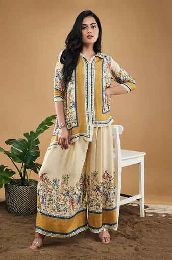 Yellow bird and tile printed high low shirt with pant