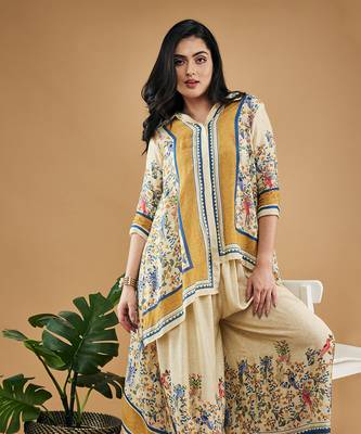 Yellow bird and tile printed high low shirt with pant 3