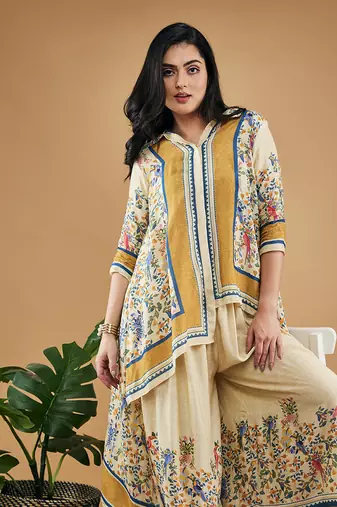 Yellow bird and tile printed high low shirt with pant