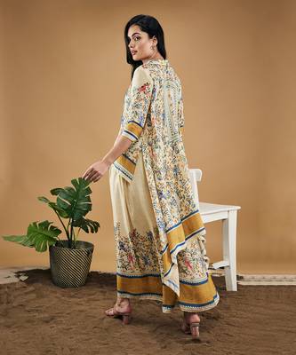 Yellow bird and tile printed high low shirt with pant 4