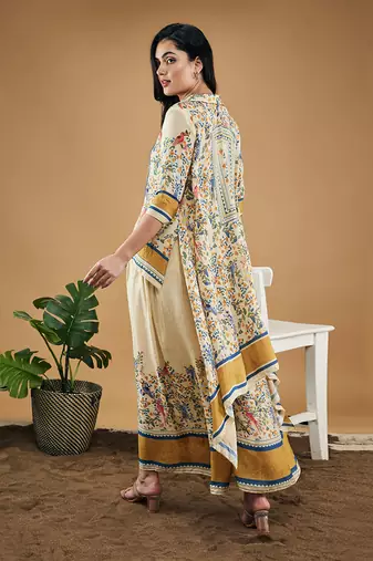 Yellow bird and tile printed high low shirt with pant
