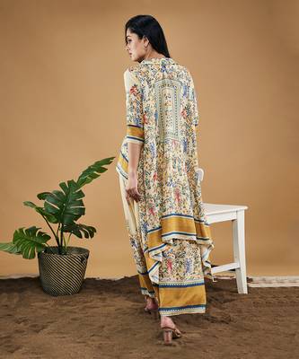 Yellow bird and tile printed high low shirt with pant 5