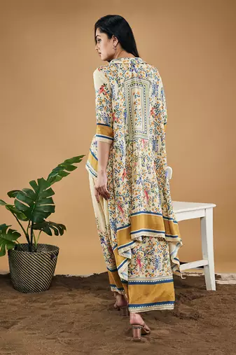 Yellow bird and tile printed high low shirt with pant