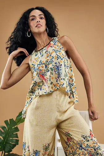 Yellow bird and tile printed co ord set