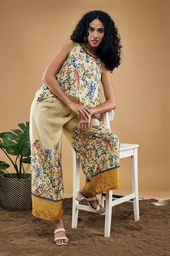 Yellow bird and tile printed co ord set