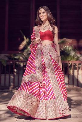 Multicolor Thread Embroidered Georgette Laheriya Printed Indian Lehenga Dress 1