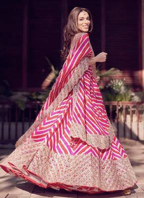 Multicolor Thread Embroidered Georgette Laheriya Printed Indian Lehenga Dress 2