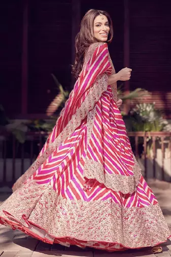 Multicolor Thread Embroidered Georgette Laheriya Printed Indian Lehenga Dress
