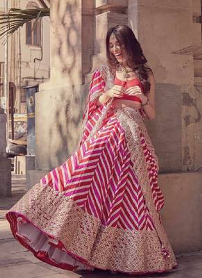 Multicolor Thread Embroidered Georgette Laheriya Printed Indian Lehenga Dress 3