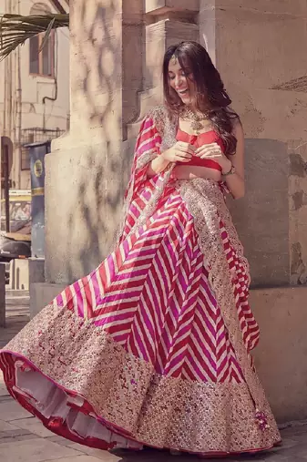 Multicolor Thread Embroidered Georgette Laheriya Printed Indian Lehenga Dress