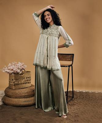Grey azra embellished top with flared pants 1